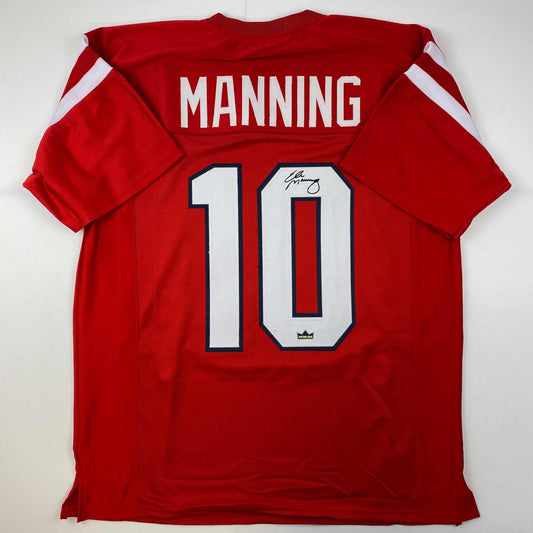 Facsimile Autographed Eli Manning Ole Miss Red Reprint Laser Auto College Football Jersey Size Men's XL