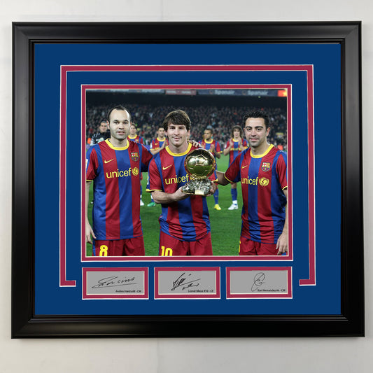 Framed Andres Iniesta, Lionel Messi and Xavi Facsimile Laser Engraved Signatures Barcelona 19x21 Soccer Photo