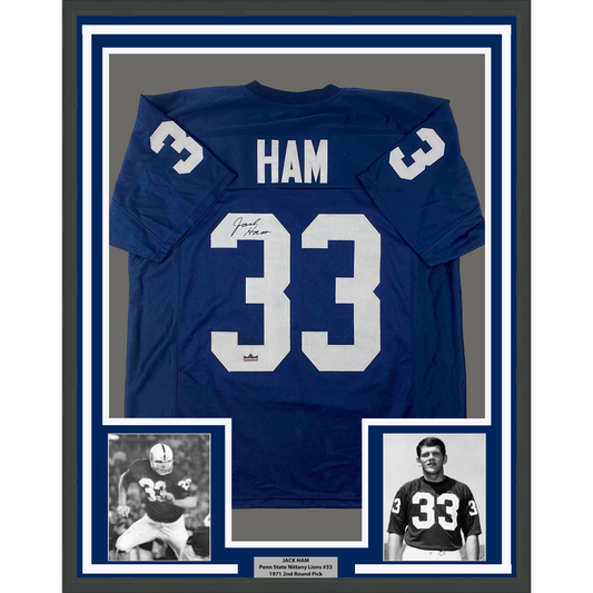Framed Facsimile Autographed Jack Ham 35x39 Penn State Blue Reprint Laser Auto College Football Jersey