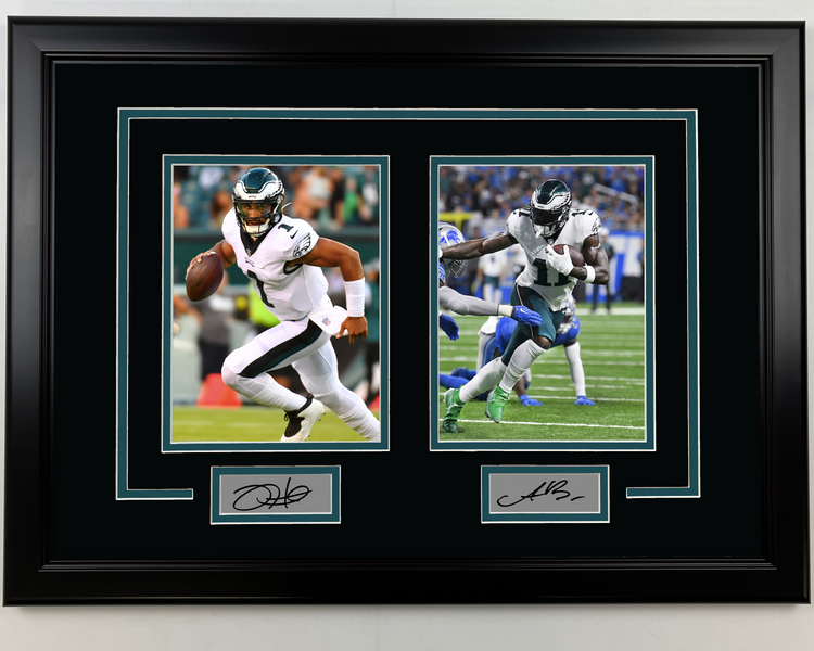 Framed Jalen Hurts and AJ A.J. Brown Philadelphia Eagles Facsimile Laser Engraved Auto 17x23 Dual Football Photo