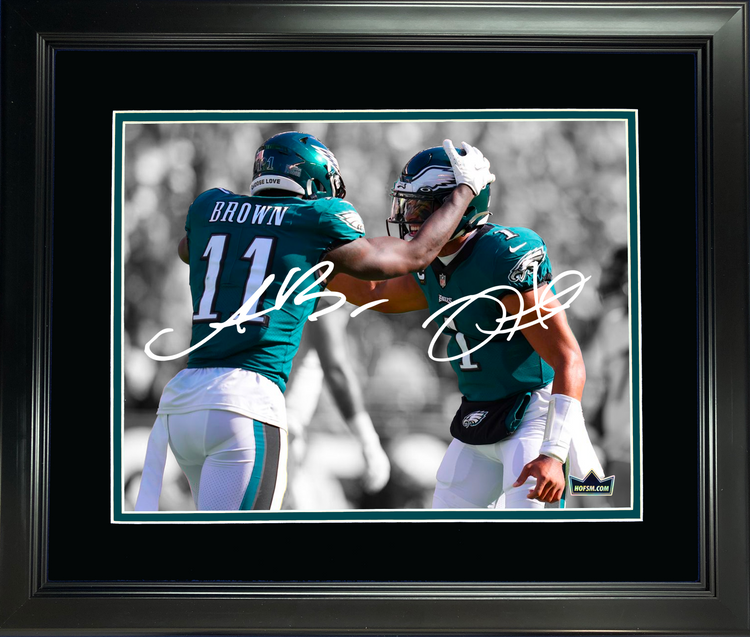 Framed Jalen Hurts A.J. Brown Philadelphia Eagles Dual Facsimile Laser Engraved Signature Auto 11"x14" Football Photo HOFSM Holo