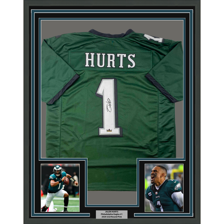 Framed Facsimile Autographed Jalen Hurts 35x39 Philadelphia Green Reprint Laser Auto Football Jersey