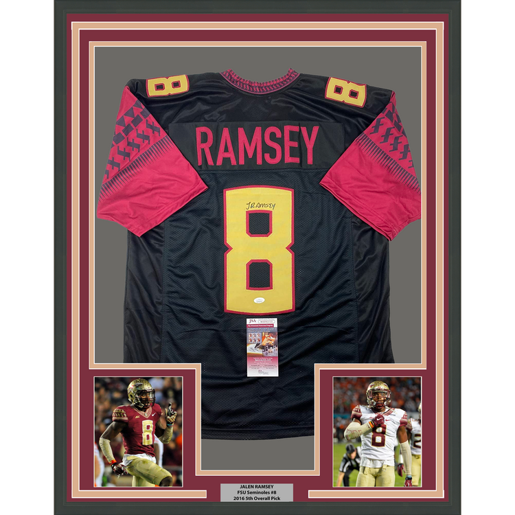 Framed Autographed/Signed Jalen Ramsey 35x39 Florida State FSU Black College Football Jersey JSA COA
