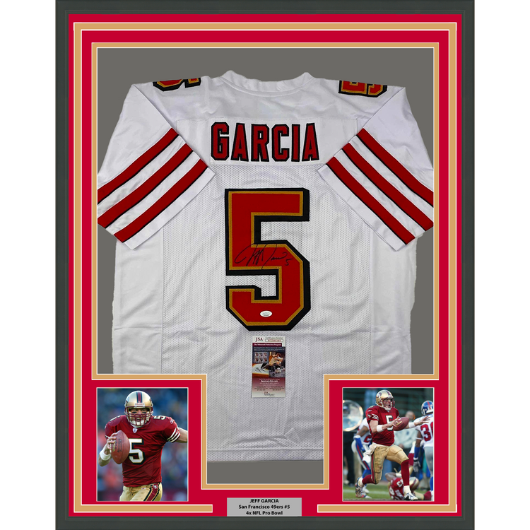 Framed Autographed/Signed Jeff Garcia 35x39 San Francisco White Football Jersey JSA COA