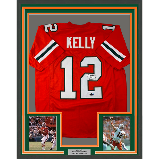 Framed Facsimile Autographed Jim Kelly 35x39 Miami Orange Reprint Laser Auto College Football Jersey