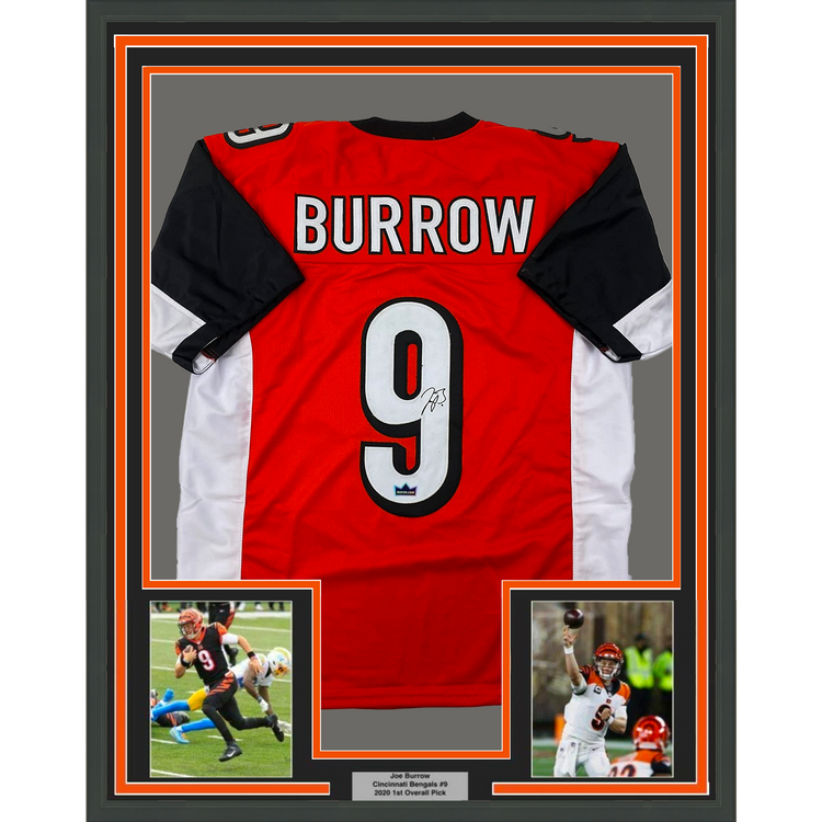 Framed Facsimile Autographed Joe Burrow 35x39 Cincinnati Orange Rookie Reprint Laser Auto Football Jersey Size Men's XL