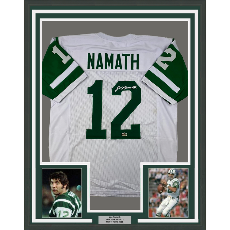 Framed Facsimile Autographed Joe Namath 35x39 New York White Reprint Laser Auto Football Jersey