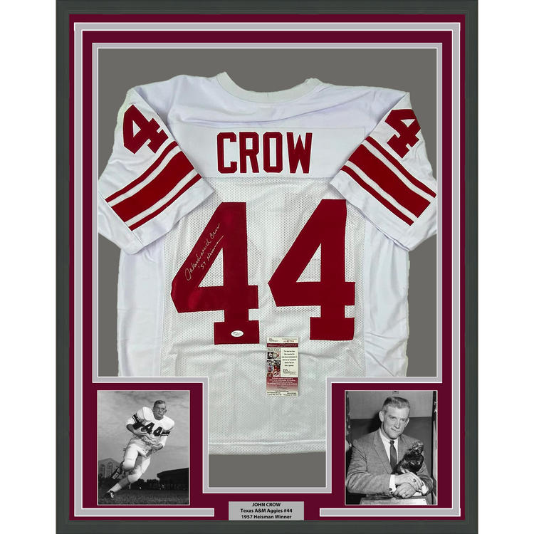 Framed Autographed/Signed John David Crow 35x39 57 Heisman Texas A&M White College Football Jersey JSA COA