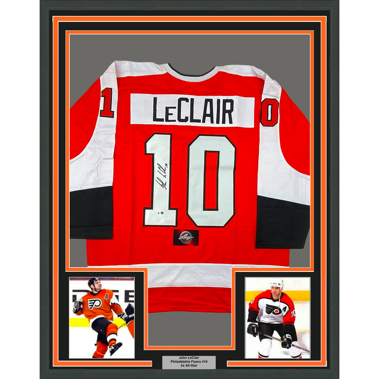 Framed Autographed/Signed John LeClair 35x39 Philadelphia Orange Hockey Jersey Leaf Authentics COA
