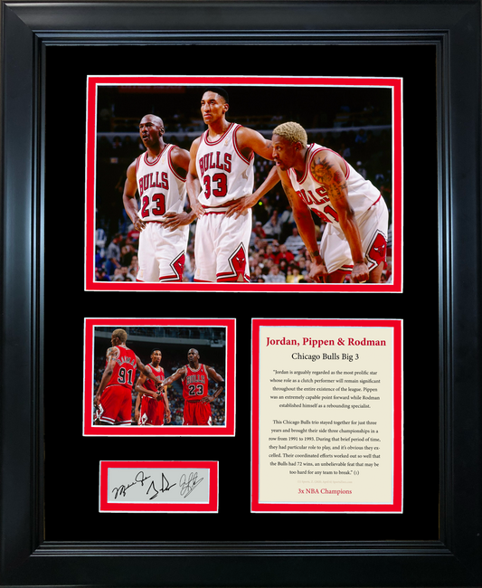Framed Michael Jordan Scottie Pippen Dennis Rodman Facsimile Laser Engraved Signature Auto Chicago Bulls Basketball 11"x14" Photo Sig Collage