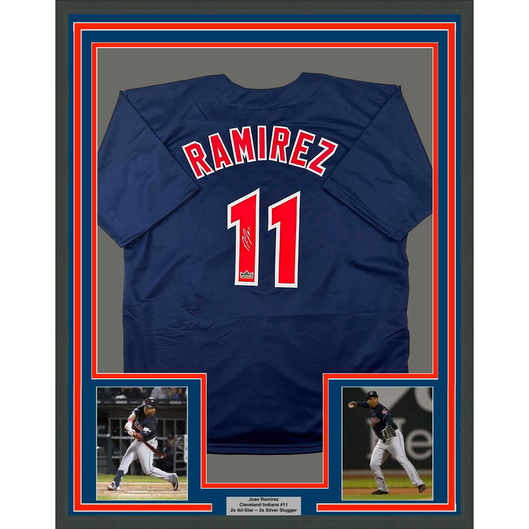 Framed Facsimile Autographed Jose Ramirez 35x39 Cleveland Blue Reprint Laser Auto Baseball Jersey
