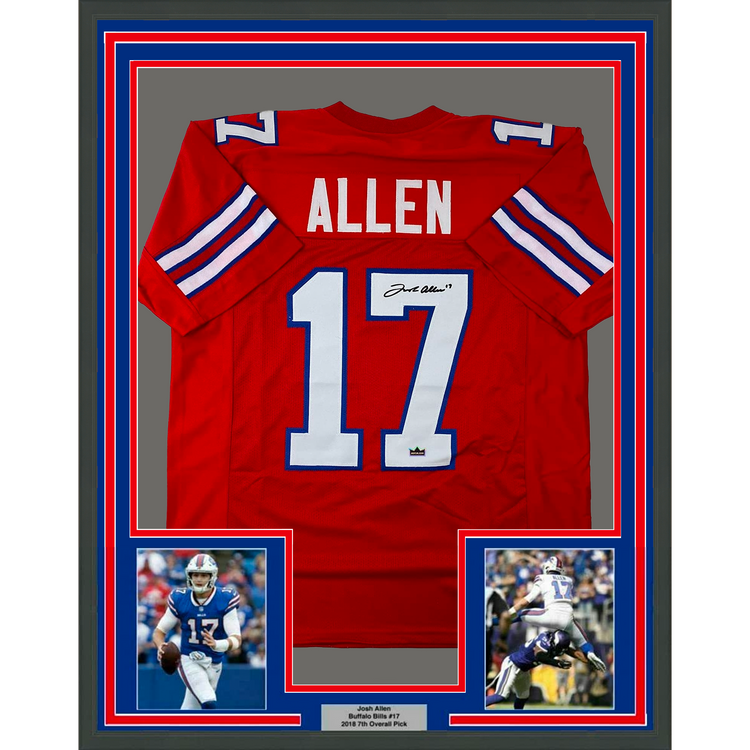 Framed Facsimile Autographed Josh Allen 35x39 Buffalo Red Reprint Laser Auto Football Jersey Size Men's XL