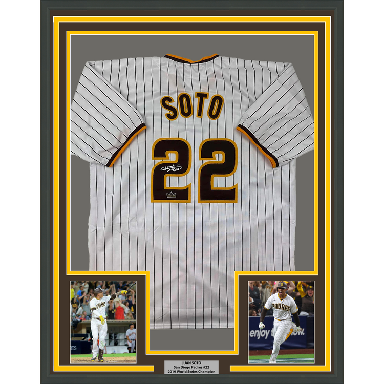 Framed Facsimile Autographed Juan Soto 35x39 San Diego Pinstripe Reprint Laser Auto Baseball Jersey
