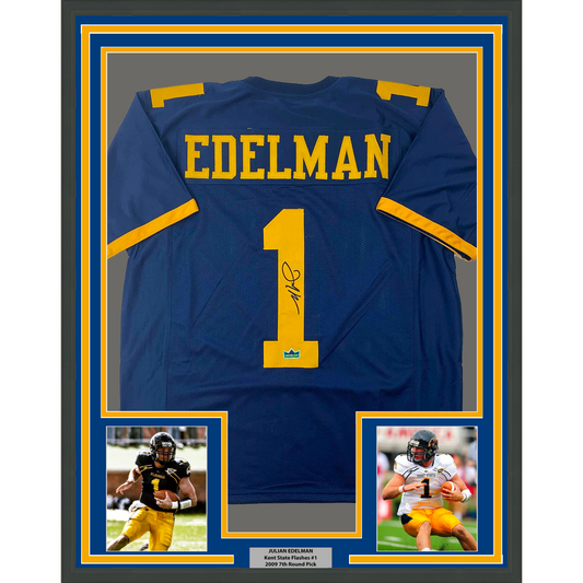 Framed Facsimile Autographed Julian 35x39 Edelman Kent State Blue Reprint Laser Auto College Football Jersey