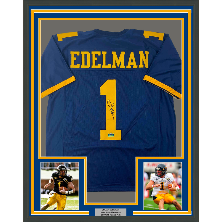 Framed Facsimile Autographed Julian 35x39 Edelman Kent State Blue Reprint Laser Auto College Football Jersey