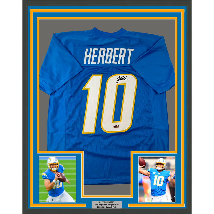 Framed Facsimile Autographed Justin Herbert 35x39 Los Angeles LA Powder Blue Reprint Laser Auto Football Jersey Size Men's XL