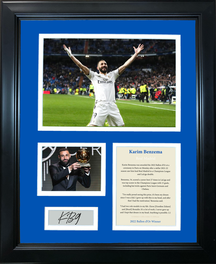 Framed Karim Benzema 2022 Ballon d'Or Facsimile Laser Engraved Signature Auto Real Madrid Soccer Futbol 11"x14" Photo Sig Collage