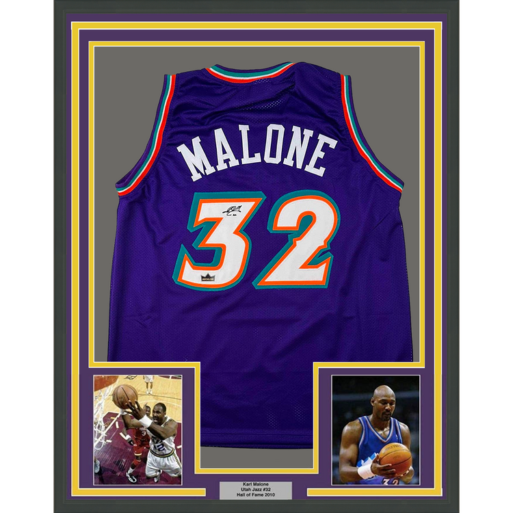 Framed Facsimile Autographed Karl Malone 35x39 Utah Jazz Reprint Laser Auto Basketball Jersey