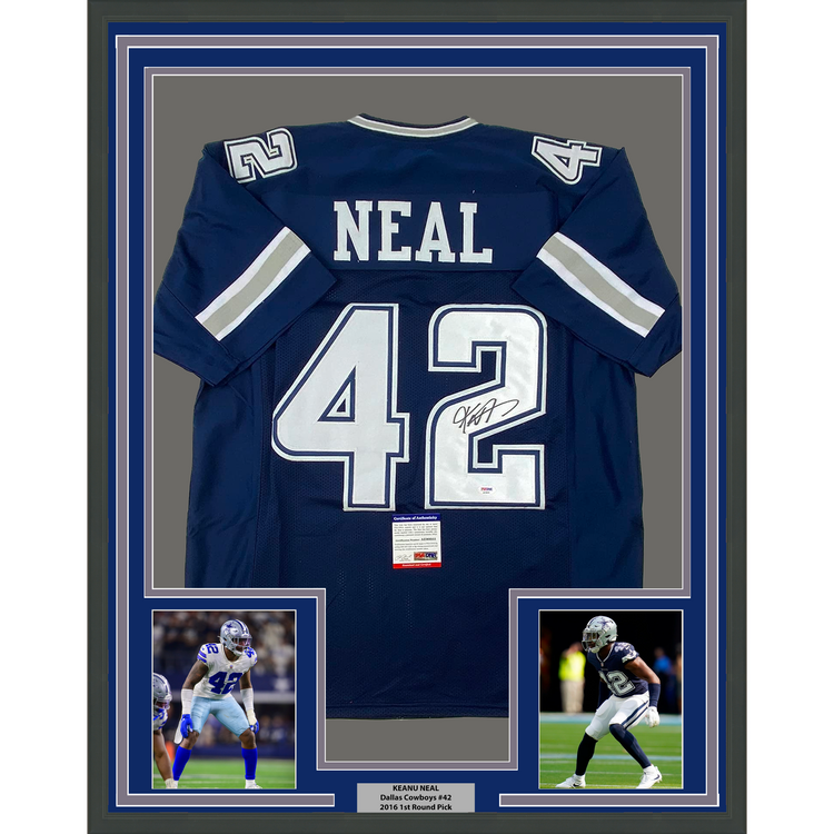 Framed Autographed/Signed Keanu Neal 35x39 Dallas Blue Football Jersey PSA/DNA COA
