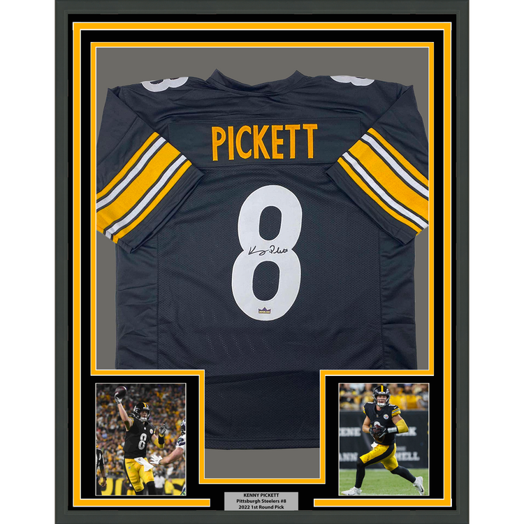 Framed Facsimile Autographed Kenny Pickett 35x39 Pittsburgh Black Reprint Laser Auto Football Jersey
