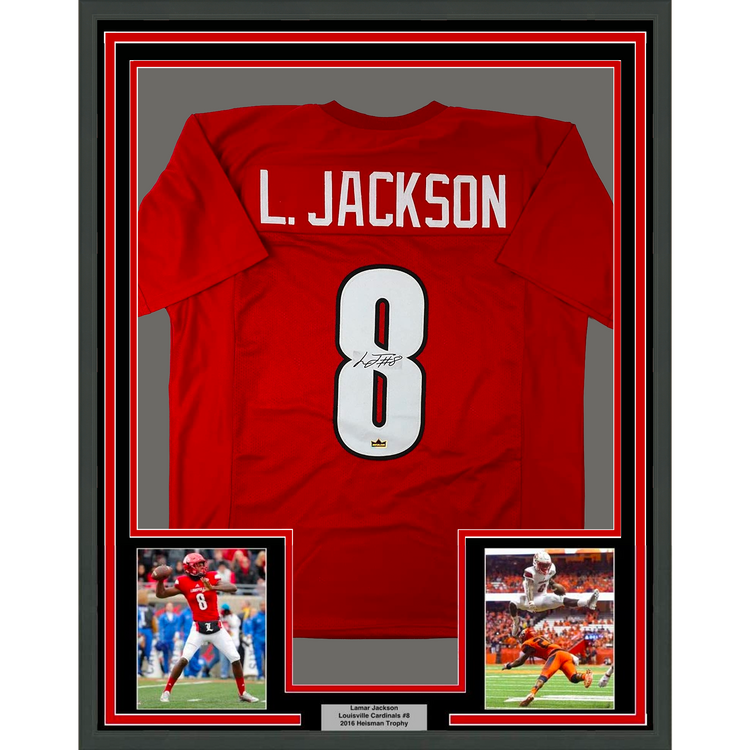 Framed Facsimile Autographed Lamar Jackson 35x39 Louisville Red Reprint Laser Auto College Football Jersey Size Men's XL