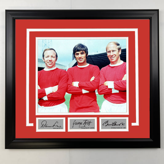 Framed Denis Law, George Best and Bobby Charlton Facsimile Laser Engraved Signatures Manchester United 19x21 Soccer Photo