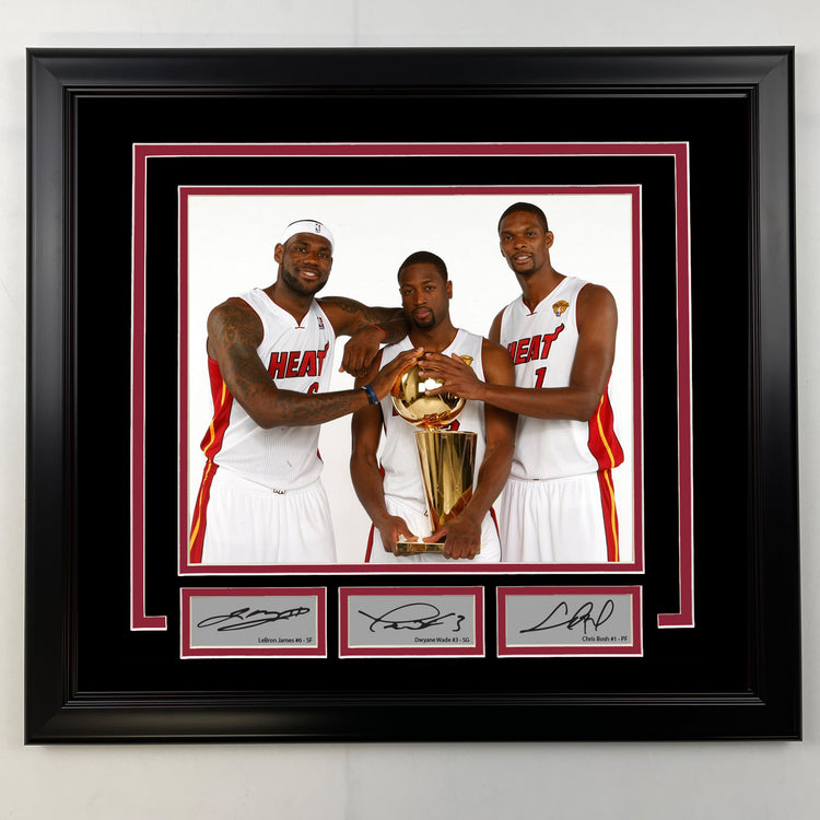 Framed LeBron James, Dwyane Wade, Chris Bosh Facsimile Laser Engraved Signatures Miami Heat 19x21 Basketball Photo