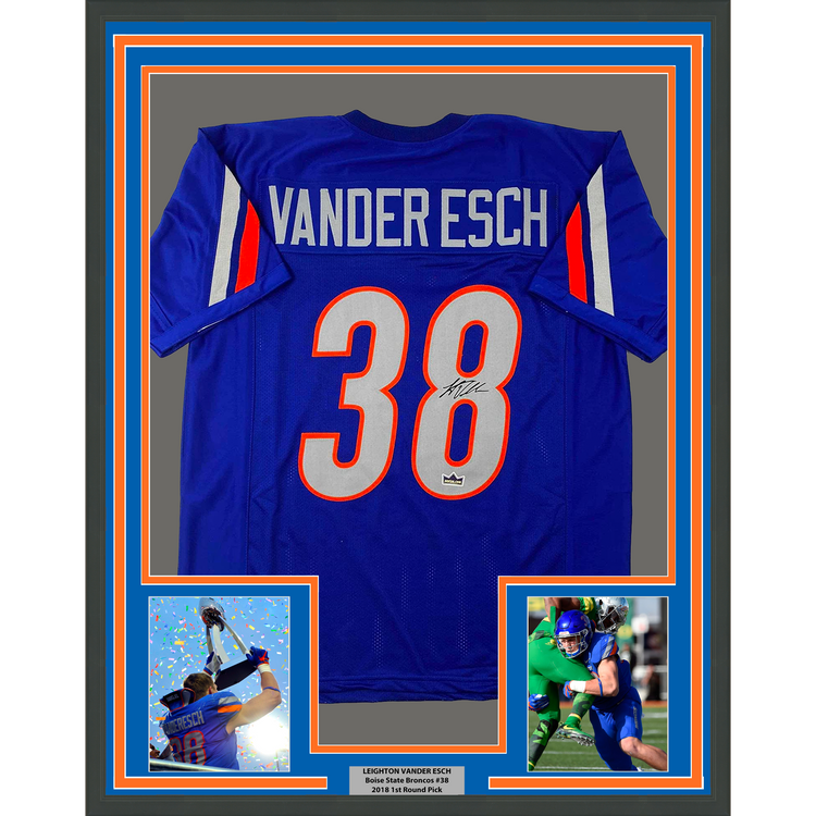Framed Facsimile Autographed Leighton Vander Esch 35x39 Boise State Blue Reprint Laser Auto College Football Jersey