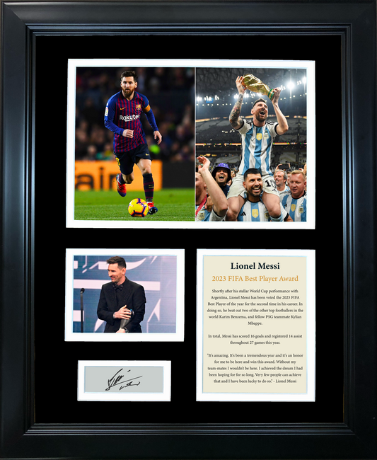 Framed Lionel Messi 2023 FIFA Best Player Award Facsimile Laser Engraved Signature Auto Soccer Futbol 11"x14" Photo Sig Collage