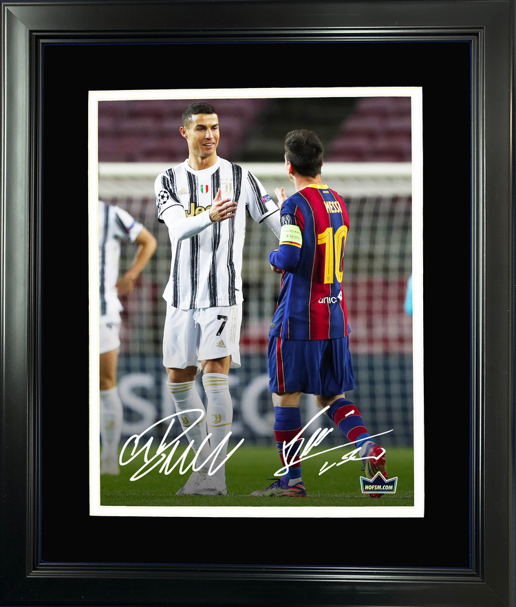 Framed Lionel Messi Cristiano Ronaldo Dual Facsimile Laser Engraved Signature Auto 11"x14" Soccer Photo HOFSM Holo