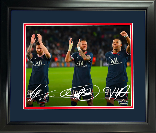 Framed Lionel Messi Kylian Mbappe Neymar PSG Facsimile Laser Engraved Signature Auto 11"x14" Soccer Photo HOFSM Holo