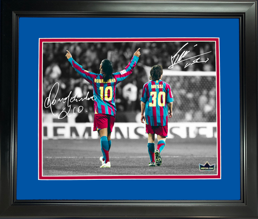 Framed Lionel Messi Ronaldinho FC Barcelona Dual Facsimile Laser Engraved Signature Auto 11"x14" Soccer Photo HOFSM Holo