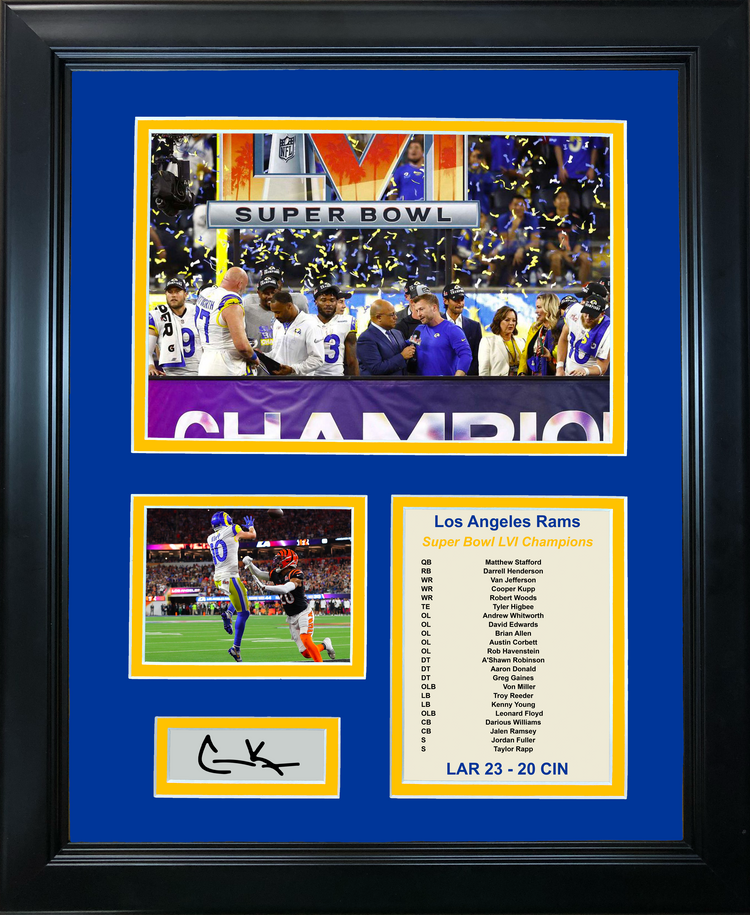 Framed Los Angeles Rams Super Bowl LVI Champions Cooper Kupp MVP Facsimile Laser Engraved Signature Auto Football 11"x14" Photo Sig Collage