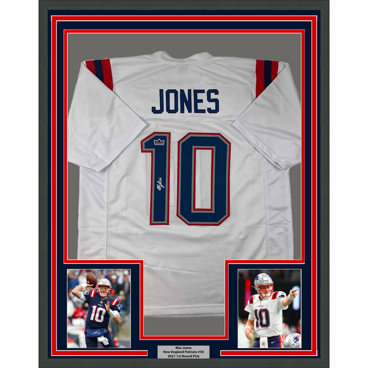 Framed Facsimile Autographed Mac Jones 35x39 New England White Reprint Laser Auto Football Jersey