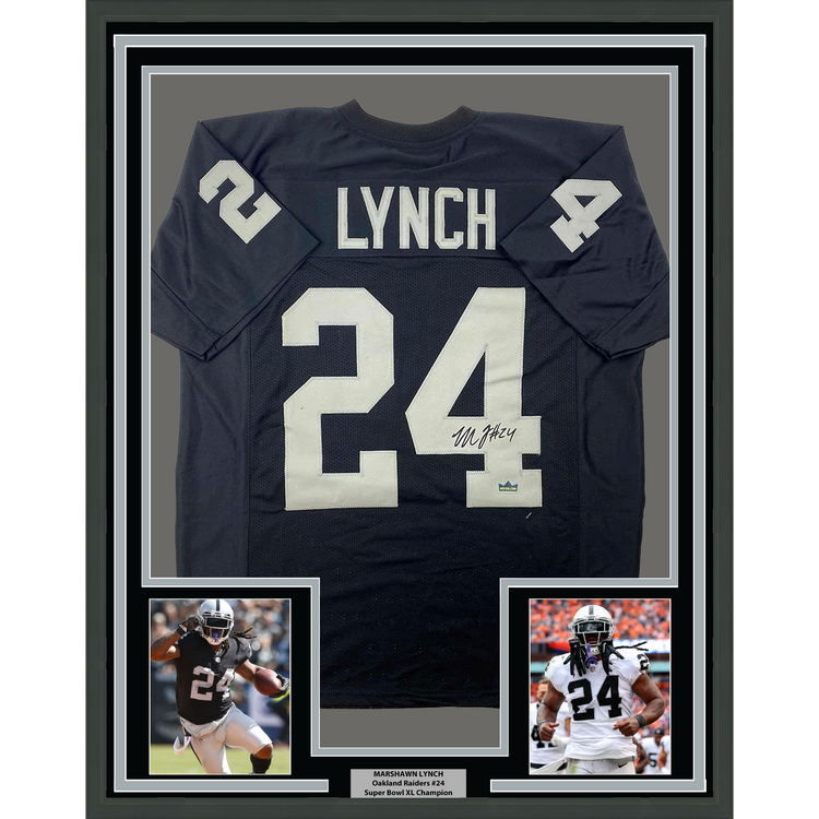 Framed Facsimile Autographed Marshawn Lynch 35x39 Oakland Las Vegas Black Reprint Laser Auto Football Jersey