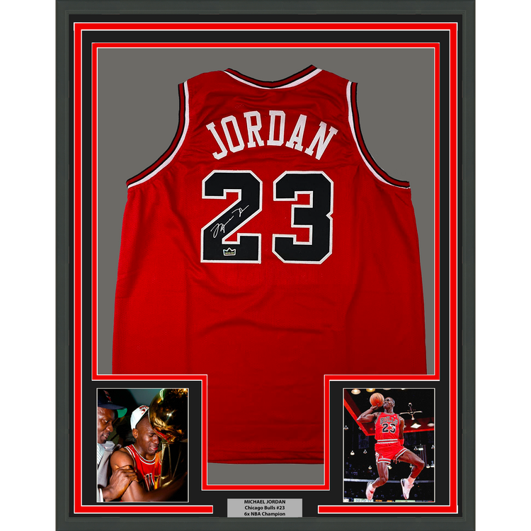 Framed Facsimile Autographed Michael Jordan 35x39 Chicago Red Reprint Laser Auto Basketball Jersey