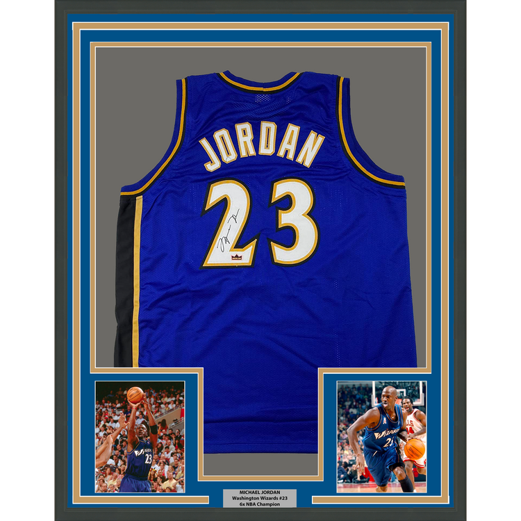 Framed Facsimile Autographed Michael Jordan 35x39 Washington Blue Reprint Laser Auto Basketball Jersey