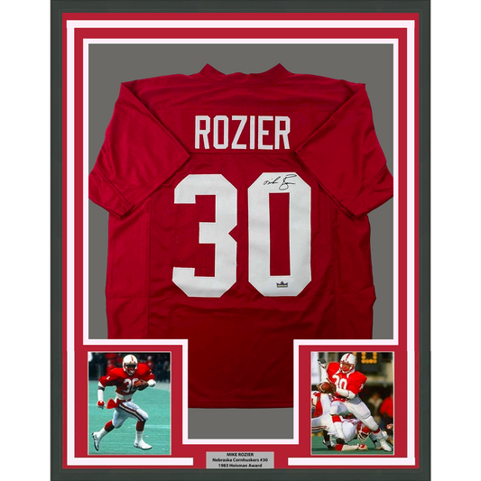 Framed Facsimile Autographed Mike Rozier 35x39 Nebraska Red Reprint Laser Auto College Football Jersey