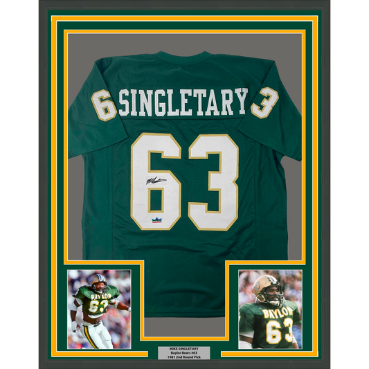 Framed Facsimile Autographed Mike Singletary 35x39 Baylor Green Reprint Laser Auto College Football Jersey Size Men's XL