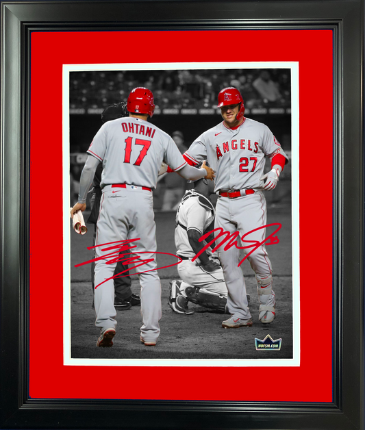 Framed Shohei Ohtani Mike Trout Dual Los Angeles Angels Facsimile Laser Engraved Signature Auto 11"x14"Baseball Photo HOFSM Holo