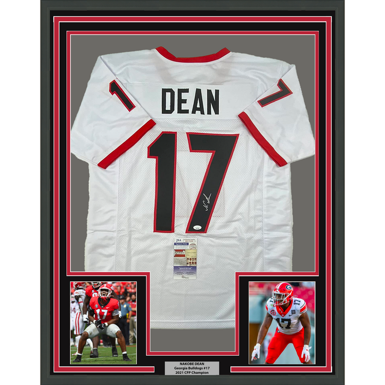 Framed Autographed/Signed Nakobe Dean 35x39 Georgia White College Football Jersey JSA COA