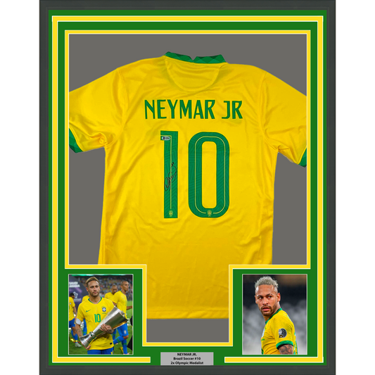 Framed Autographed/Signed Neymar Jr. 35x39 Brazil Soccer Futbol Jersey Beckett BAS COA/LOA