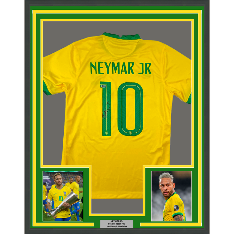 Framed Autographed/Signed Neymar Jr. 35x39 Brazil Soccer Futbol Jersey Beckett BAS COA/LOA