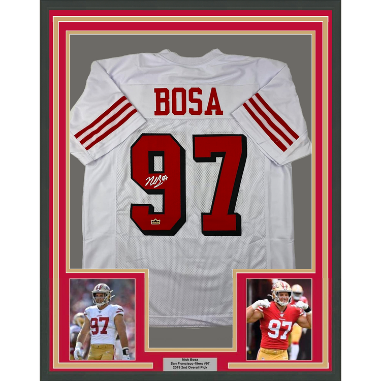 Framed Facsimile Autographed Nick Bosa 35x39 San Francisco White Alternate Reprint Laser Auto Football Jersey