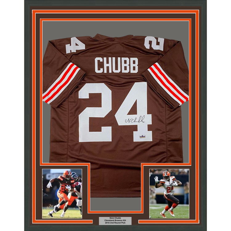 Framed Facsimile Autographed Nick Chubb 35x39 Cleveland Brown Reprint Laser Auto Football Jersey