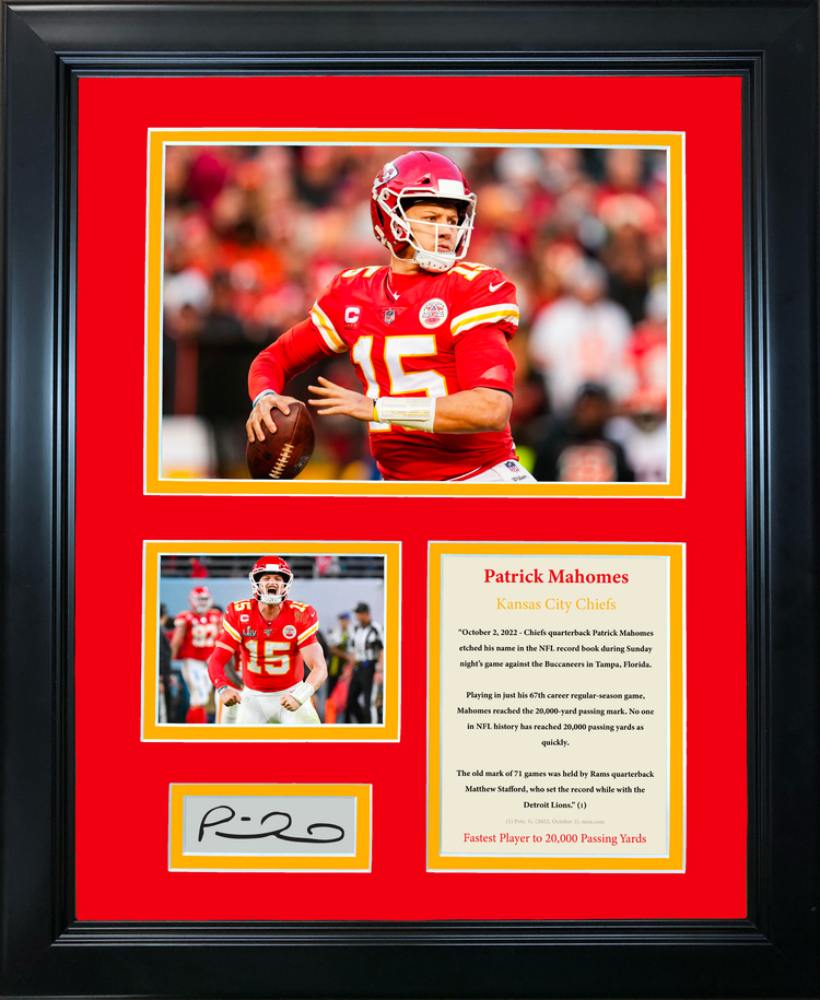 Framed Patrick Mahomes Fastest Player to 20,000 Passing Yards Record Facsimile Laser Engraved Signature Auto Kansas City Chiefs 11"x14" Photo Sig Collage