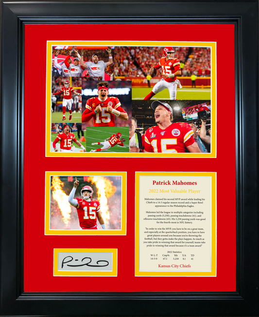 Framed Patrick Mahomes 2022 Most Valuable Player MVP Award Facsimile Laser Engraved Signature Auto Kansas City Chiefs 11"x14" Football Photo Sig Collage