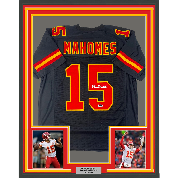 Framed Facsimile Autographed Patrick Mahomes 35x39 Kansas City Black Reprint Laser Auto Football Jersey Size Men's XL