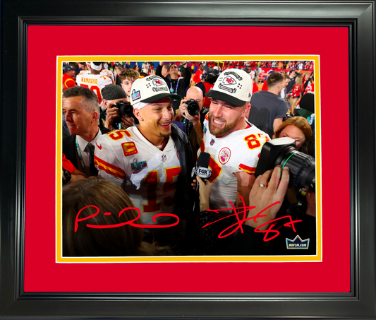 Framed Patrick Mahomes & Travis Kelce Kansas City Chiefs Dual Facsimile Laser Engraved Signature Auto 11"x14" Football Photo HOFSM Holo