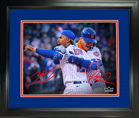Framed Pete Alonso Francisco Lindor New York Mets Dual Facsimile Laser Engraved Signature Auto 11"x14" Baseball Photo HOFSM Holo